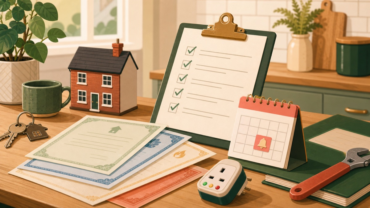 Illustration of rental property certificates, keys, a checklist, calendar and tools